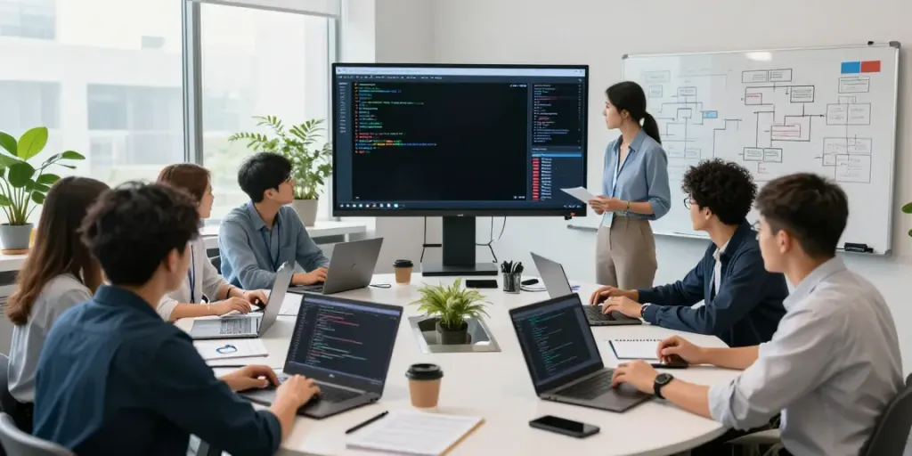Team developing enterprise AI solutions in a modern lab environment.