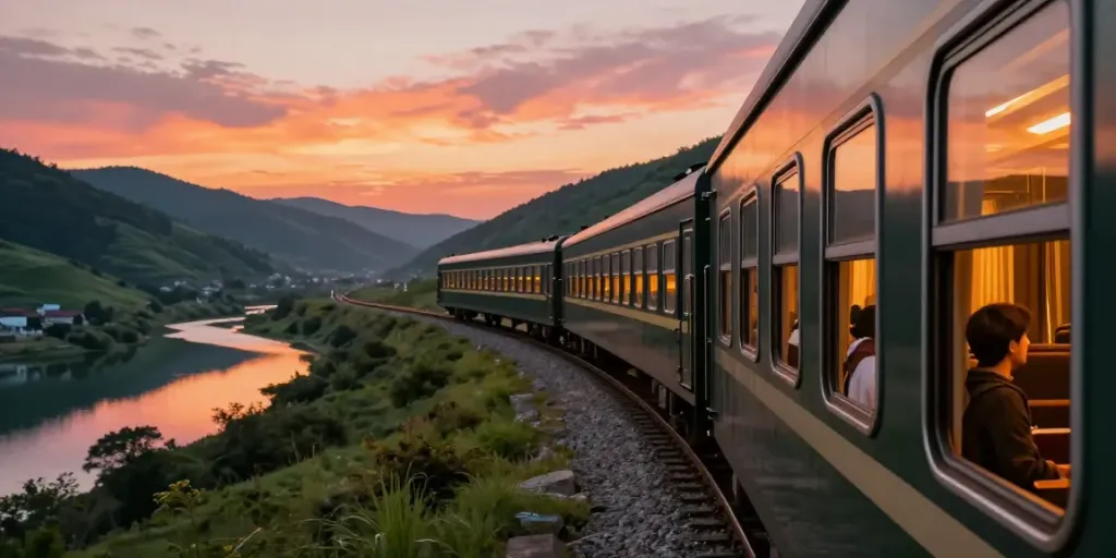 An enchanting view of overnight train tickets being used for a beautiful railway journey at sunset through lush valleys, capturing travel excitement.