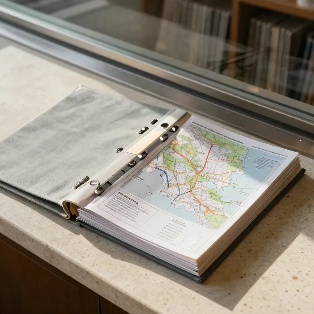 Overhead flatlay of county binders and folded maps on travertine in a calm records room.