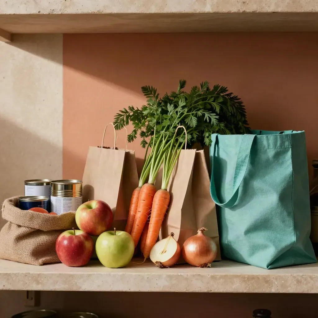 Pantry crate of produce, paper bags, and a teal tote staged on a utility shelf in soft daylight.