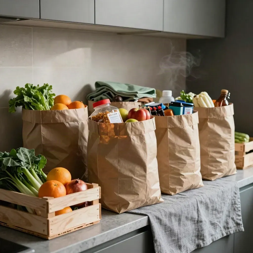 Packed grocery bags and produce crates on a quiet kitchen pickup counter in morning light