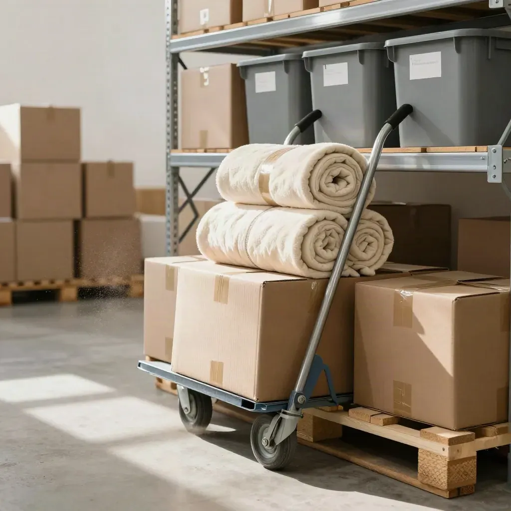 Warehouse shelf with sealed donation boxes, rolled blankets, hand truck, and sorted bins ready to ship