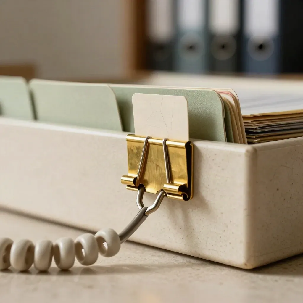 Macro of a directory box, handset cord, and brass dividers on travertine.