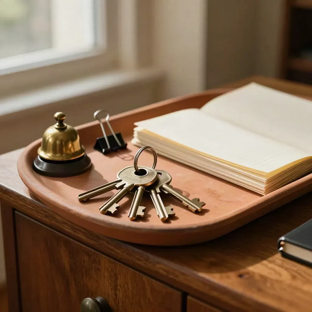 Brass key ring, call bell, clips and binders on an oak credenza.