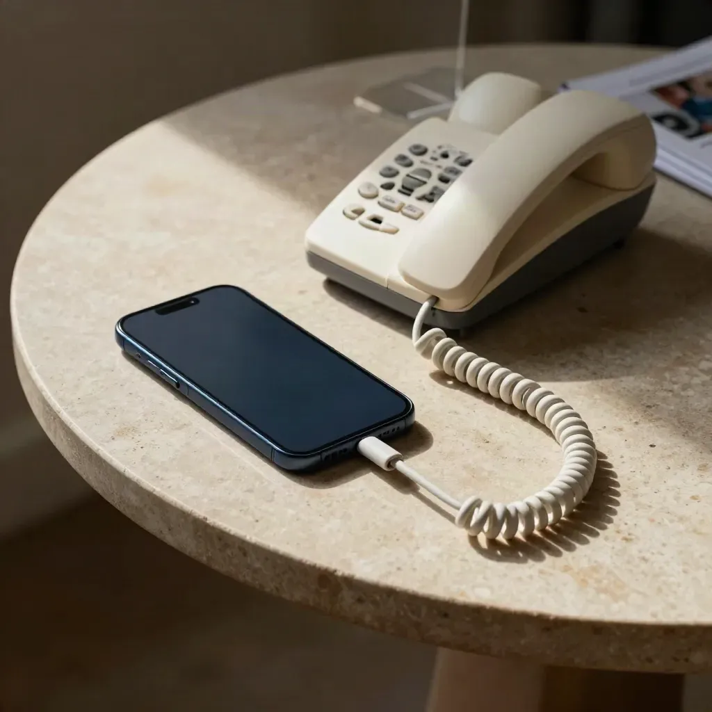 Face-down navy smartphone beside a corded phone base and charging cable on a pale stone table.