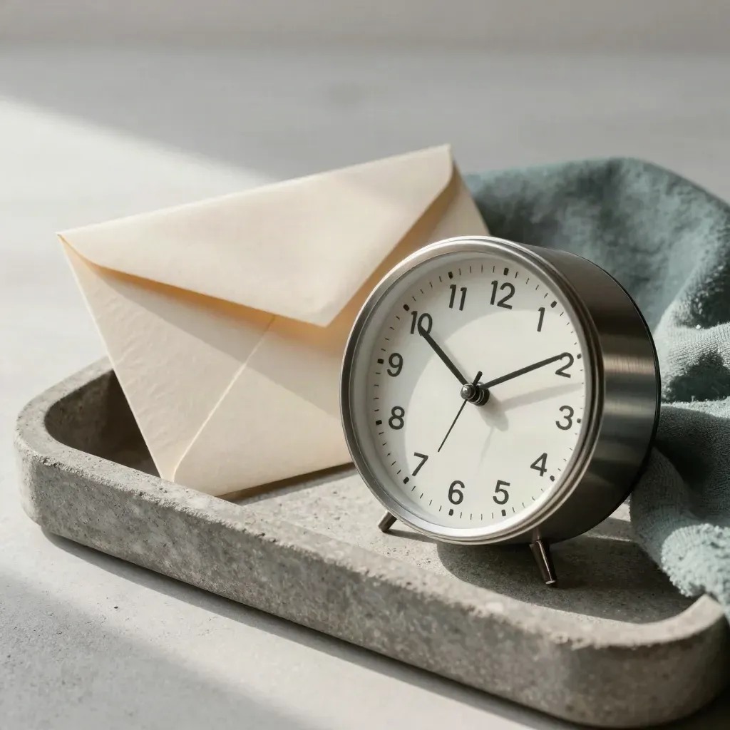 Clock, return envelope, and folded file in a stone tray with teal linen.