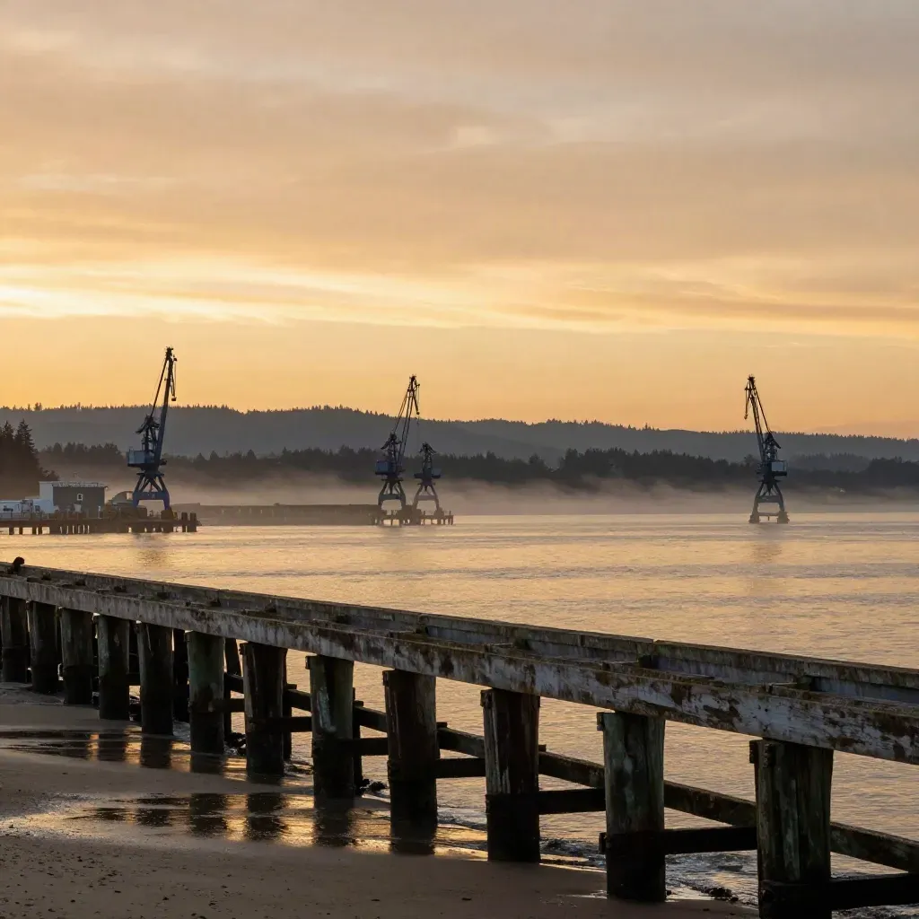 Everett waterfront cranes at sunset above calm water and low hills