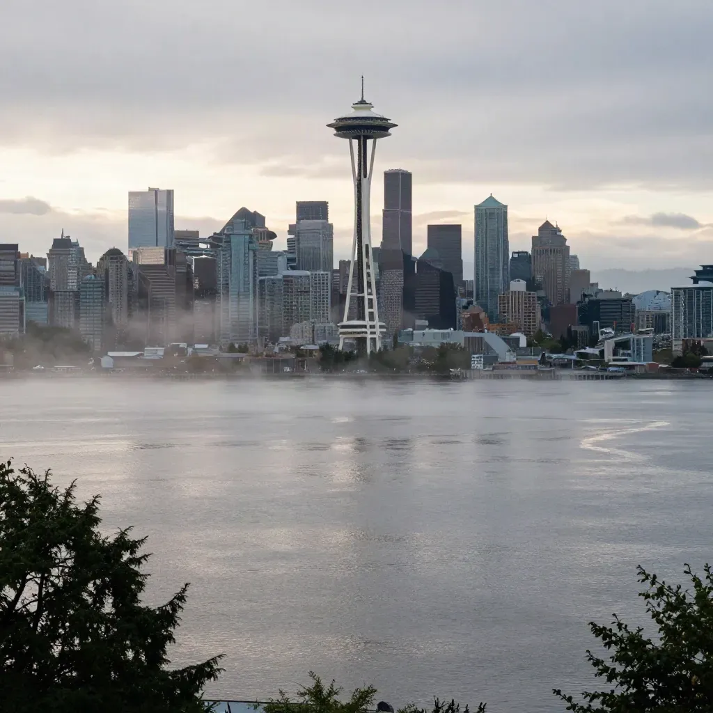 Seattle skyline and Space Needle above misty waterfront at blue dawn.