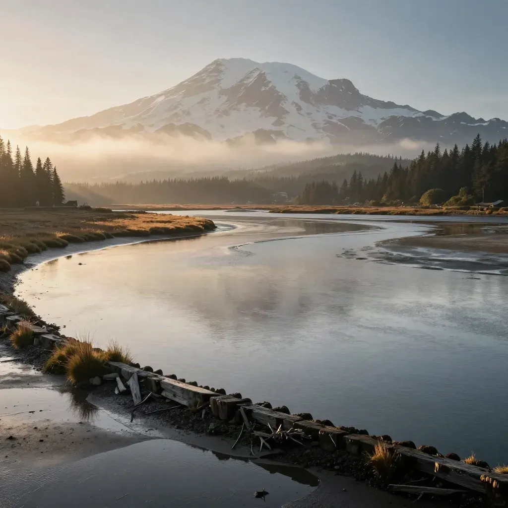 Mount Rainier above misty tidal flats and harbor edge after rain at golden hour