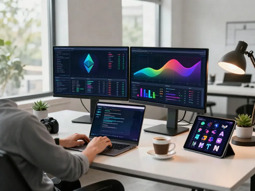 Cryptocurrency trading setup showcasing Telegram Stars and gifts with live price charts and DeFi dashboard.